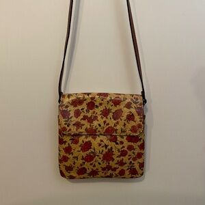 Red Roses Scattered on Tan Leather Crossbody
